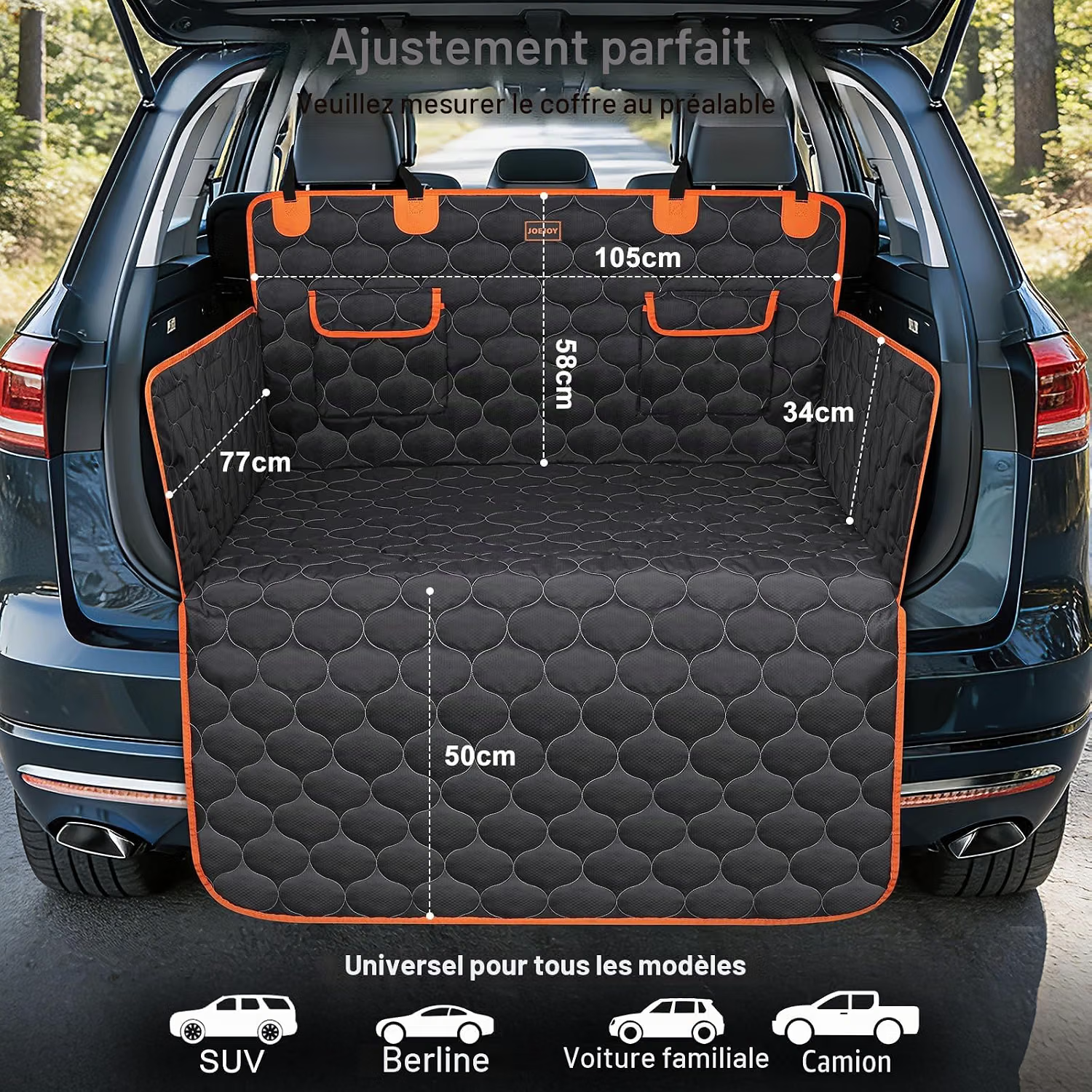 Schema des dimensions de la protection de coffre JOEJOY 105x58cm et rabats lateraux 77cm et 34cm