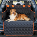 Colley couché dans le coffre de voiture équipé de la protection JOEJOY