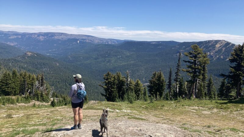 Randonneuse et son chien sur un sentier de montagne dégagé